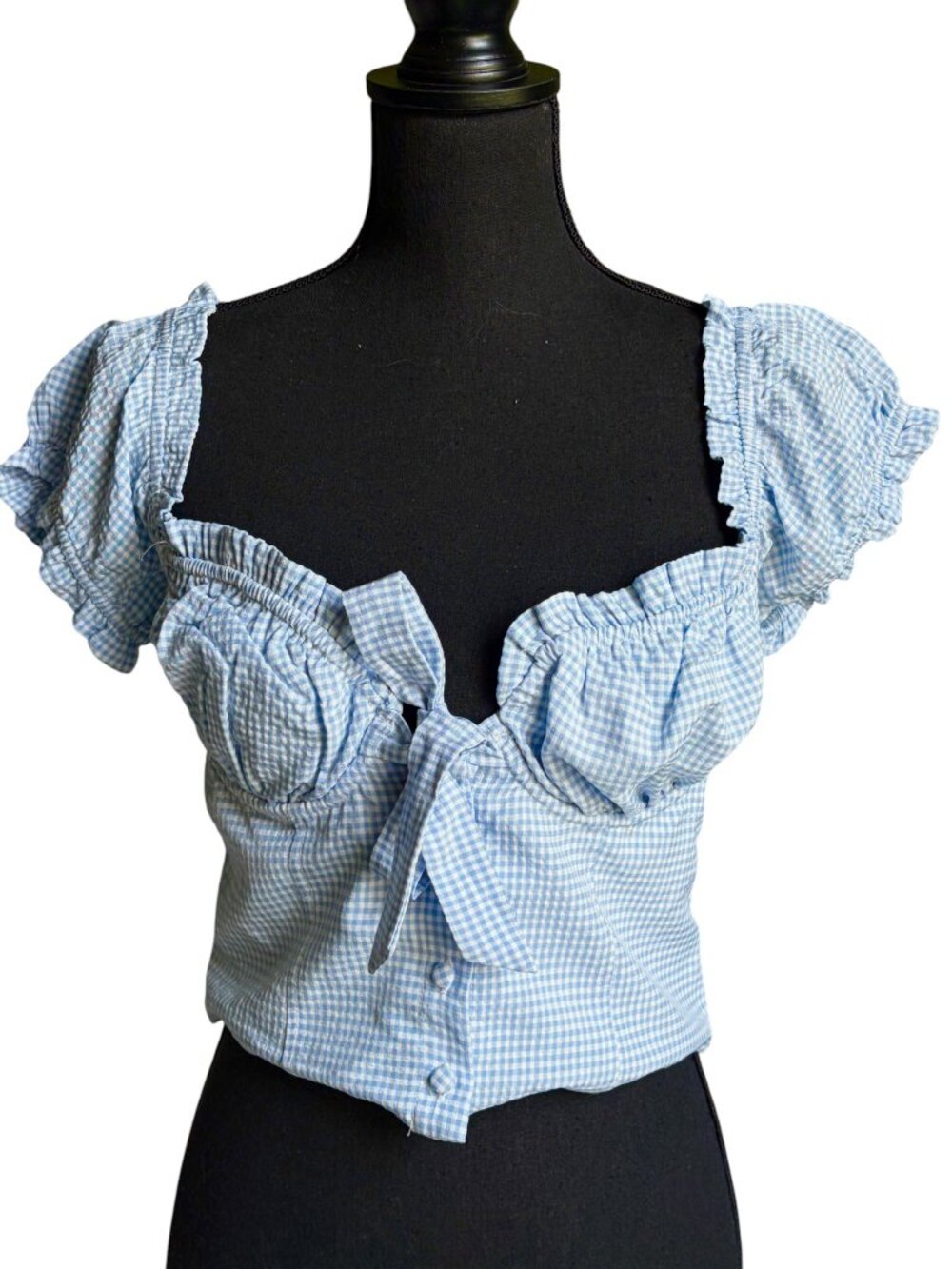 Mable Gingham Crop Top With Puffed Cap Sleeves & Front Bottoms (Blue) - M